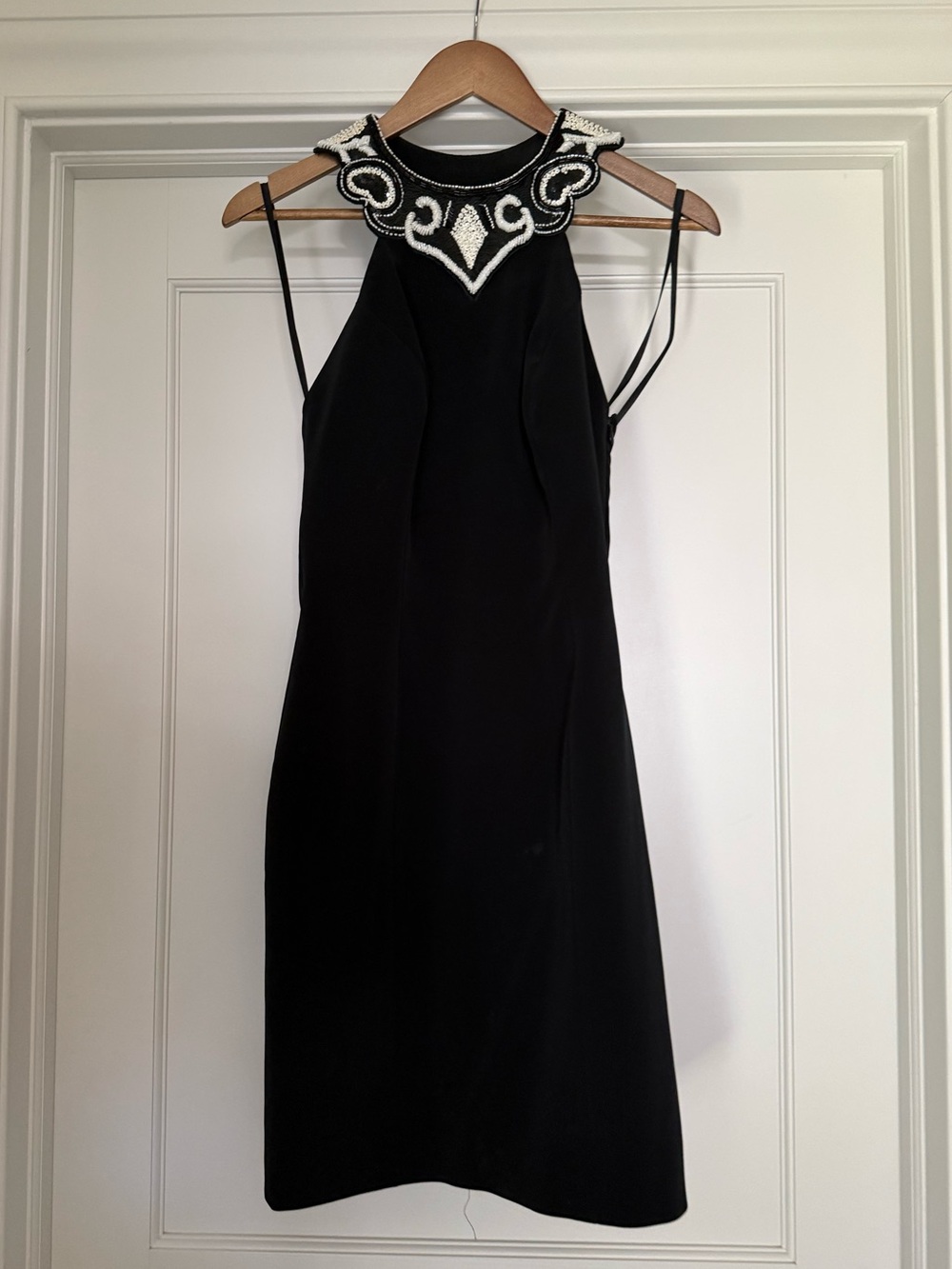 Vintage 80’s Black Beaded Halter Midi Dress with White Embellished Neckline